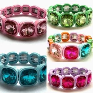 NWT Square Crystal Gemstone Stretch Bracelet –Colorful Sparkly Statement Jewelry